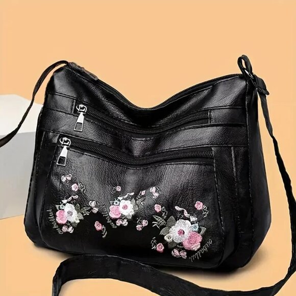 Women's Crossbody Bag Black Solid Color Floral Pattern Adjustable Strap New Bag - Picture 1 of 3